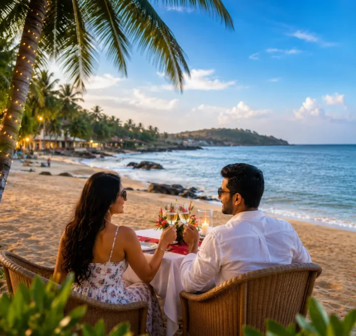 Goa honeymoon couple enjoying a peaceful beach with blue Arabian Sea, coconut palms and clear morning light.