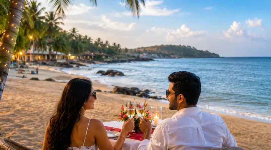 Goa honeymoon couple enjoying a peaceful beach with blue Arabian Sea, coconut palms and clear morning light.