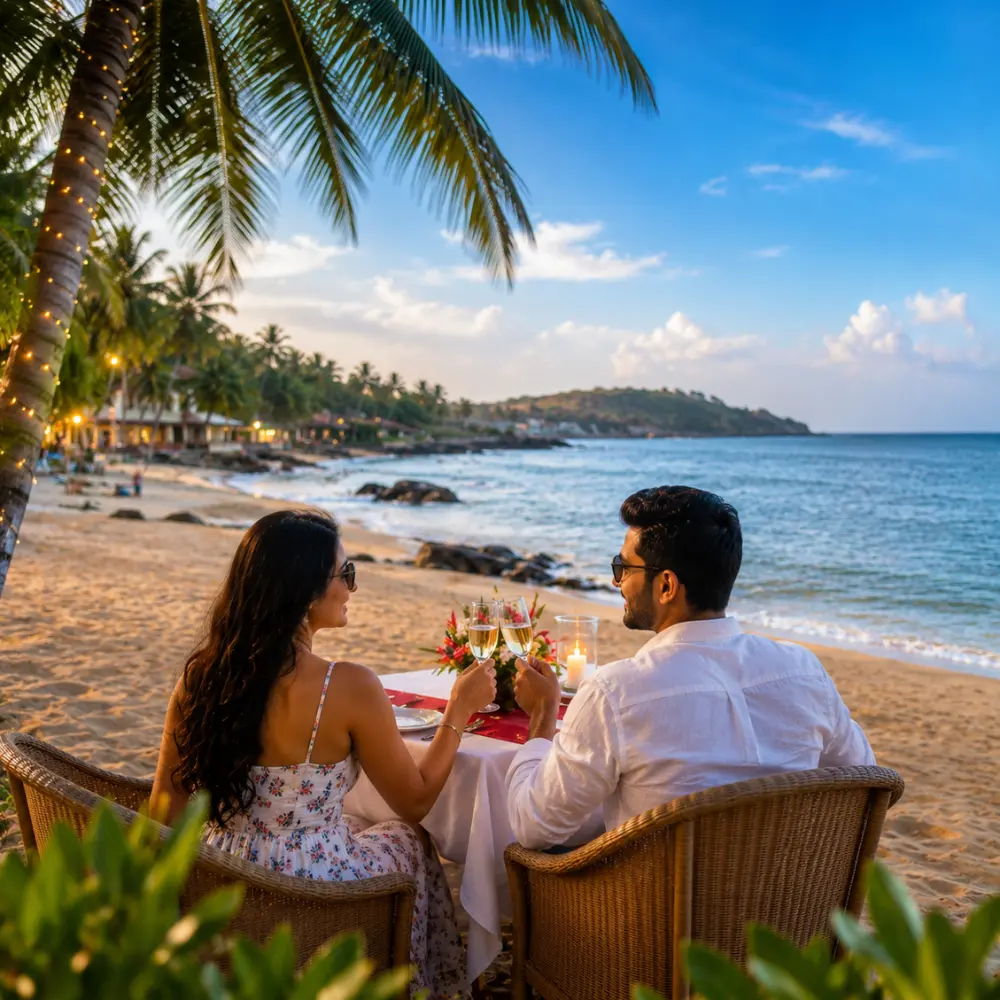 Goa honeymoon couple enjoying a peaceful beach with blue Arabian Sea, coconut palms and clear morning light.