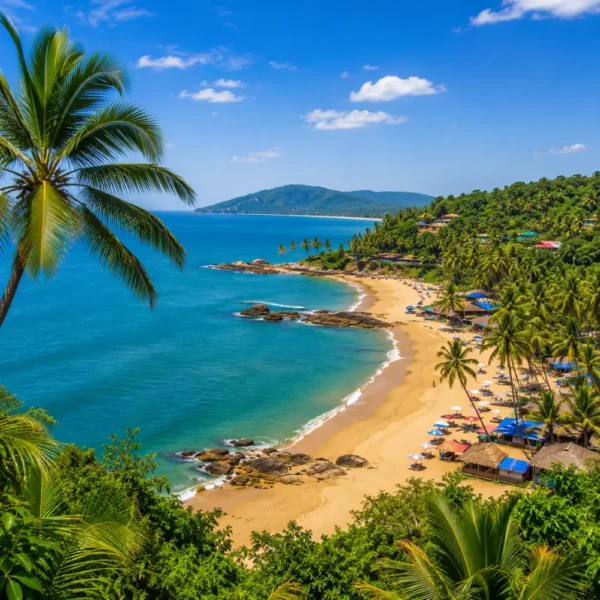 South Goa beach with soft golden sand, turquoise sea, coconut palms and peaceful clear morning coastal views.