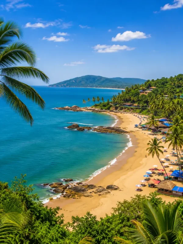 South Goa beach with soft golden sand, turquoise sea, coconut palms and peaceful clear morning coastal views.