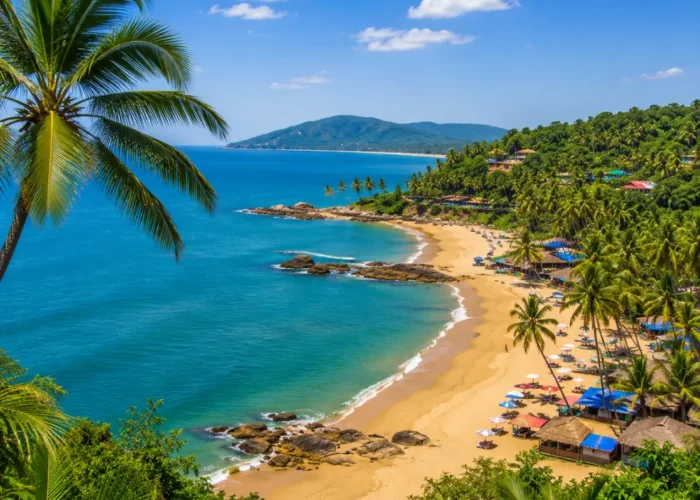 South Goa beach with soft golden sand, turquoise sea, coconut palms and peaceful clear morning coastal views.
