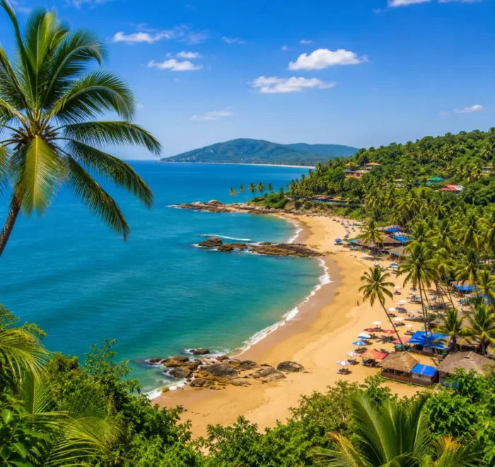 South Goa beach with soft golden sand, turquoise sea, coconut palms and peaceful clear morning coastal views.