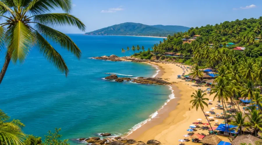 South Goa beach with soft golden sand, turquoise sea, coconut palms and peaceful clear morning coastal views.