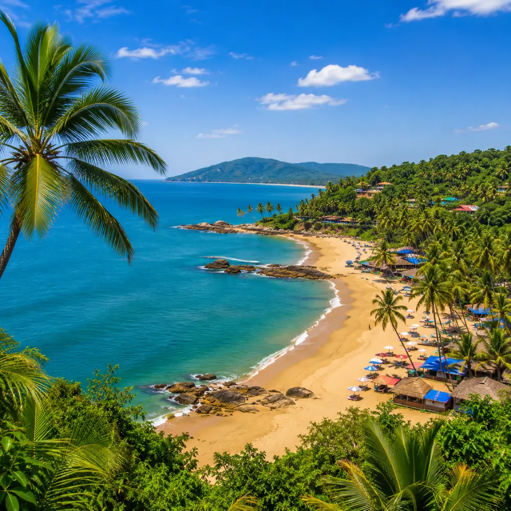 South Goa beach with soft golden sand, turquoise sea, coconut palms and peaceful clear morning coastal views.