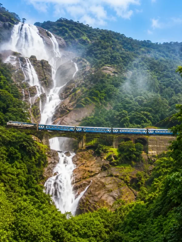 Dudhsagar Falls in Goa with powerful white cascades, lush Western Ghats forest and clear morning daylight.