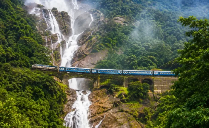 Dudhsagar Falls in Goa with powerful white cascades, lush Western Ghats forest and clear morning daylight.