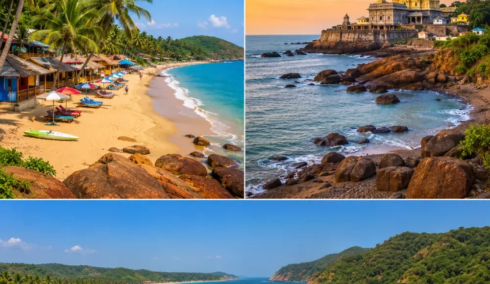 Goa and Gokarna beaches with golden shores, blue sea, rocky cliffs, coconut palms and clear morning coastal views.