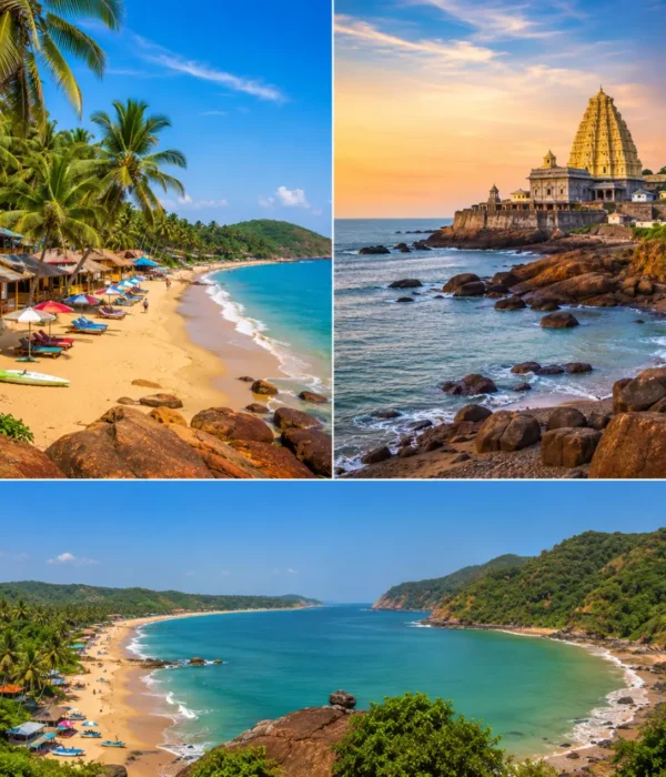 Goa and Gokarna beaches with golden shores, blue sea, rocky cliffs, coconut palms and clear morning coastal views.