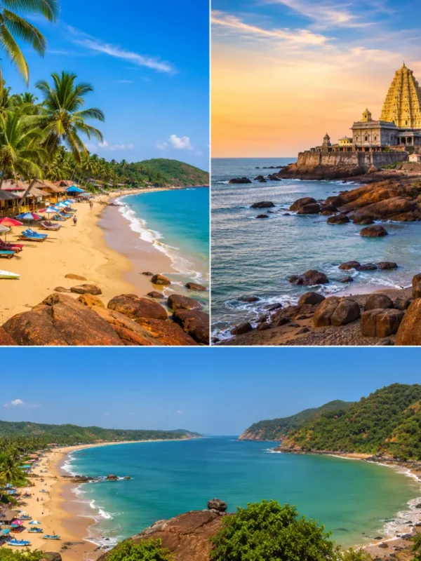 Goa and Gokarna beaches with golden shores, blue sea, rocky cliffs, coconut palms and clear morning coastal views.