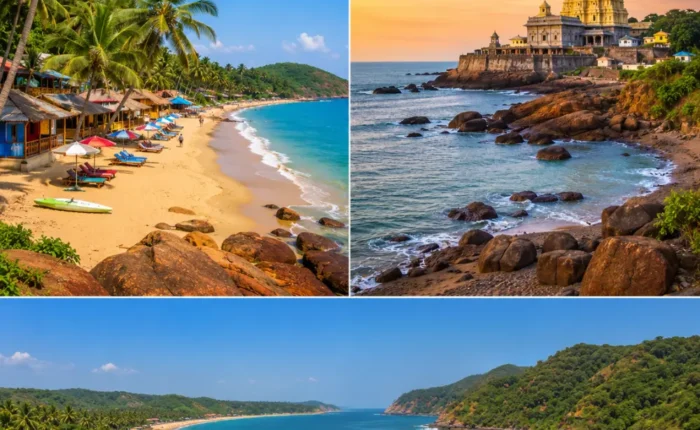 Goa and Gokarna beaches with golden shores, blue sea, rocky cliffs, coconut palms and clear morning coastal views.
