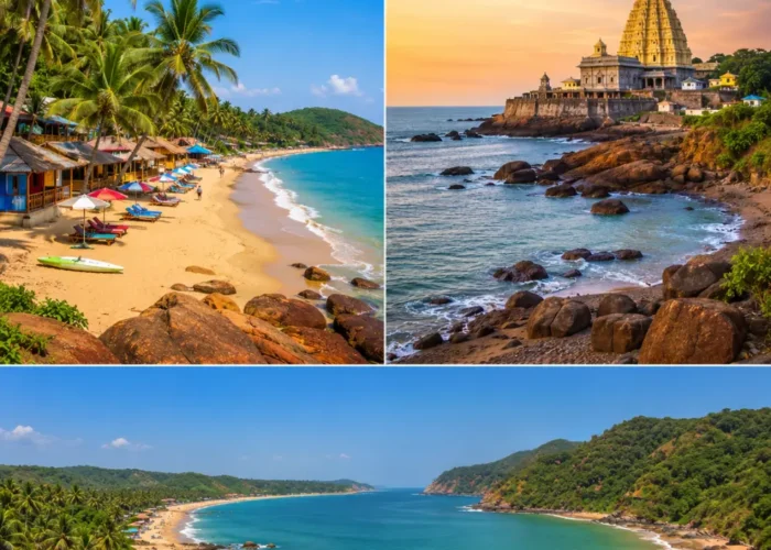 Goa and Gokarna beaches with golden shores, blue sea, rocky cliffs, coconut palms and clear morning coastal views.