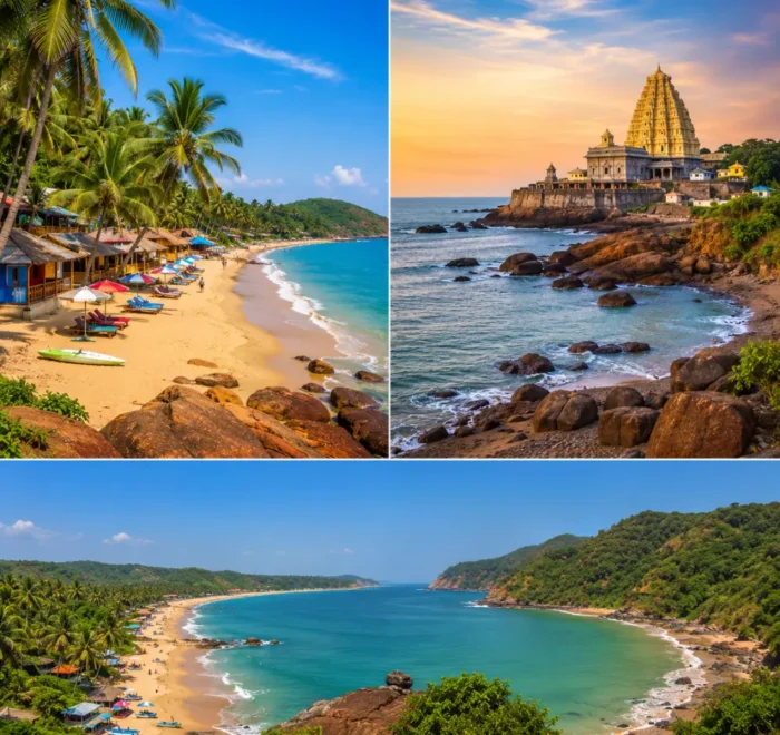 Goa and Gokarna beaches with golden shores, blue sea, rocky cliffs, coconut palms and clear morning coastal views.