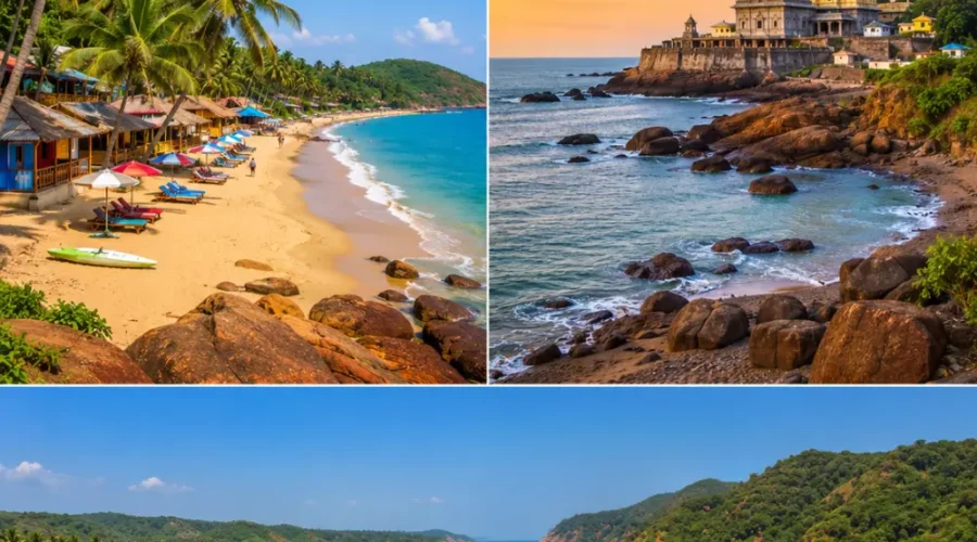 Goa and Gokarna beaches with golden shores, blue sea, rocky cliffs, coconut palms and clear morning coastal views.