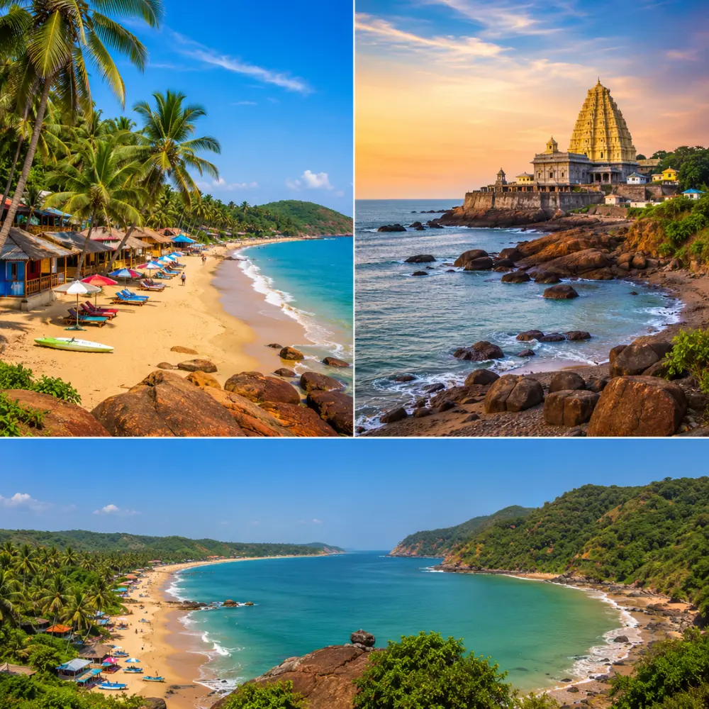 Goa and Gokarna beaches with golden shores, blue sea, rocky cliffs, coconut palms and clear morning coastal views.