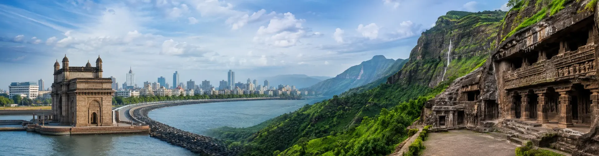 Beautiful Maharashtra travel banner featuring Gateway of India, Mumbai skyline, Marine Drive, lush Western Ghats, waterfalls, and ancient cave architecture.