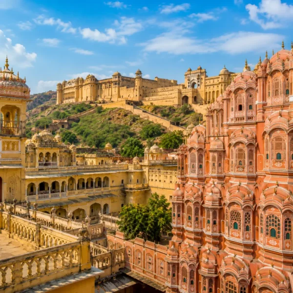 Jaipur city with Hawa Mahal, Amber Fort, royal pink architecture and clear morning daylight in Rajasthan.