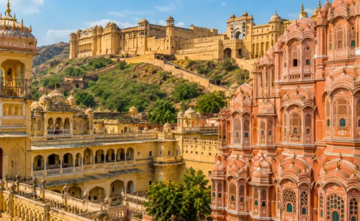 Jaipur city with Hawa Mahal, Amber Fort, royal pink architecture and clear morning daylight in Rajasthan.