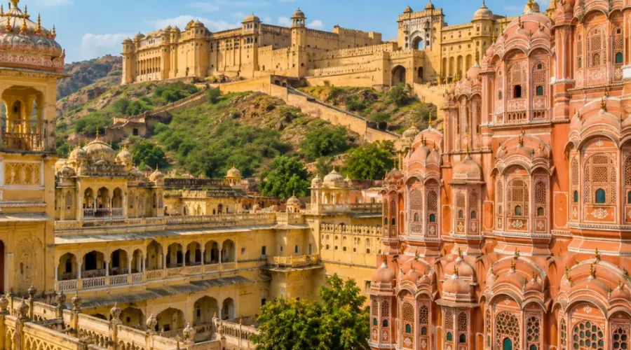 Jaipur city with Hawa Mahal, Amber Fort, royal pink architecture and clear morning daylight in Rajasthan.