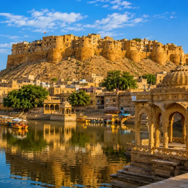 Jaisalmer fort with golden sandstone architecture, desert dunes and clear morning daylight in Rajasthan.