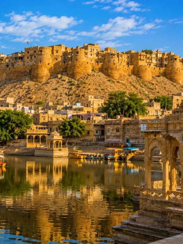 Jaisalmer fort with golden sandstone architecture, desert dunes and clear morning daylight in Rajasthan.