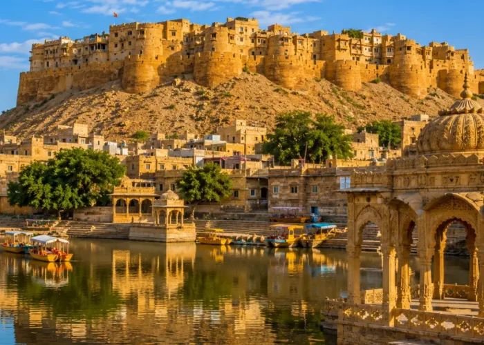 Jaisalmer fort with golden sandstone architecture, desert dunes and clear morning daylight in Rajasthan.