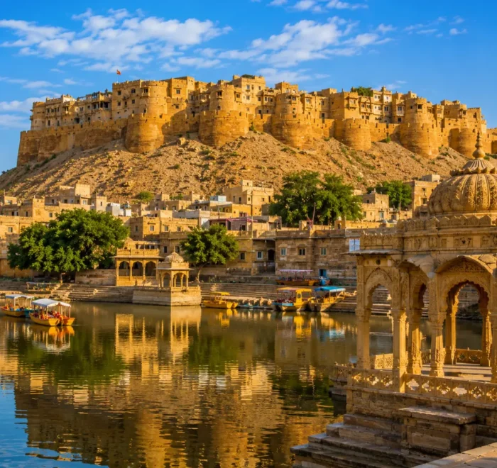 Jaisalmer fort with golden sandstone architecture, desert dunes and clear morning daylight in Rajasthan.