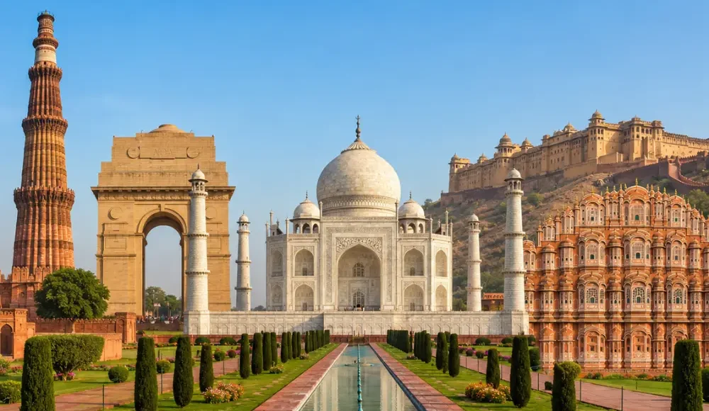 Golden Triangle tour with Delhi, Agra and Jaipur landmarks including India Gate, Taj Mahal, Qutub Minar and Hawa Mahal.