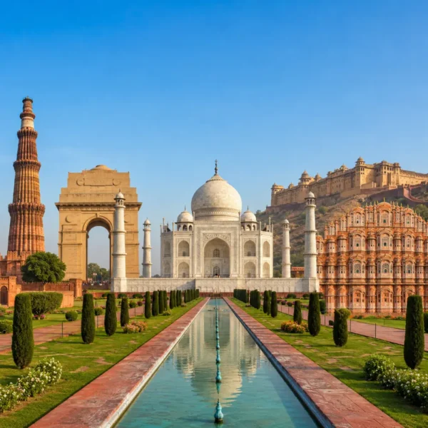 Golden Triangle tour with Delhi, Agra and Jaipur landmarks including India Gate, Taj Mahal, Qutub Minar and Hawa Mahal.