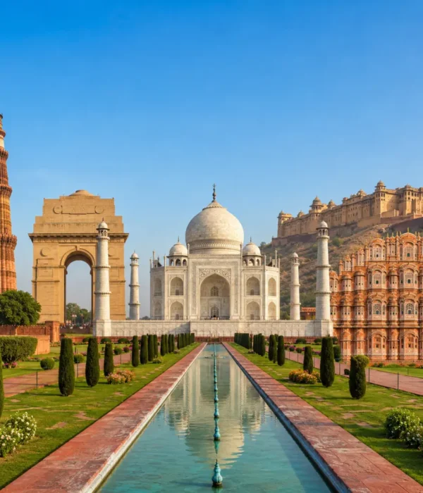 Golden Triangle tour with Delhi, Agra and Jaipur landmarks including India Gate, Taj Mahal, Qutub Minar and Hawa Mahal.