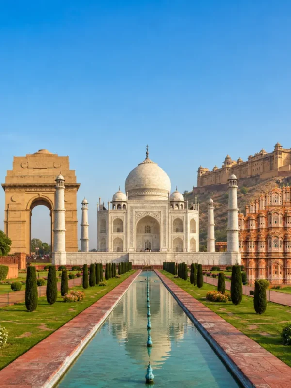 Golden Triangle tour with Delhi, Agra and Jaipur landmarks including India Gate, Taj Mahal, Qutub Minar and Hawa Mahal.