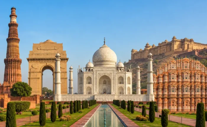 Golden Triangle tour with Delhi, Agra and Jaipur landmarks including India Gate, Taj Mahal, Qutub Minar and Hawa Mahal.
