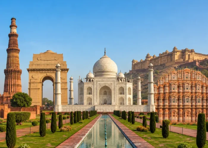 Golden Triangle tour with Delhi, Agra and Jaipur landmarks including India Gate, Taj Mahal, Qutub Minar and Hawa Mahal.