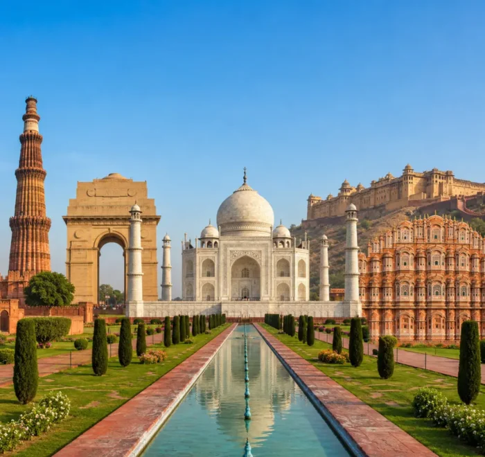 Golden Triangle tour with Delhi, Agra and Jaipur landmarks including India Gate, Taj Mahal, Qutub Minar and Hawa Mahal.