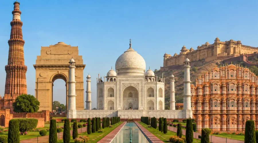 Golden Triangle tour with Delhi, Agra and Jaipur landmarks including India Gate, Taj Mahal, Qutub Minar and Hawa Mahal.