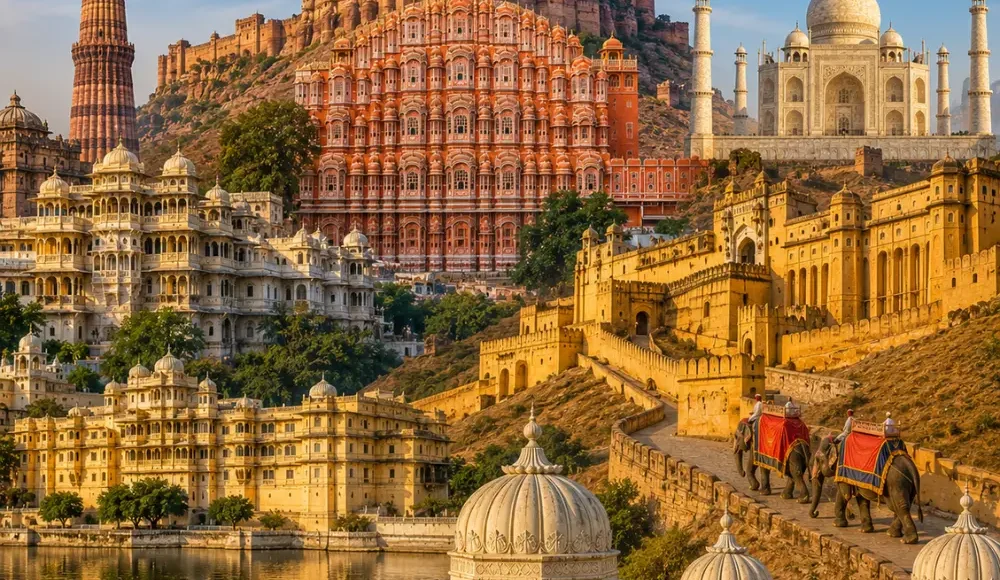 Rajasthan grand tour with Jaipur palaces, Jodhpur blue city, Jaisalmer desert, Udaipur lake and royal forts.