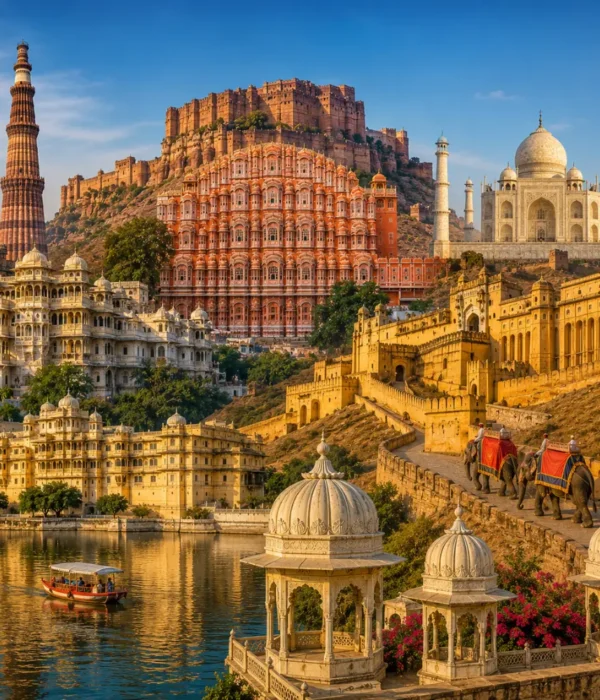 Rajasthan grand tour with Jaipur palaces, Jodhpur blue city, Jaisalmer desert, Udaipur lake and royal forts.