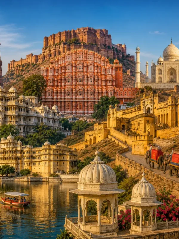 Rajasthan grand tour with Jaipur palaces, Jodhpur blue city, Jaisalmer desert, Udaipur lake and royal forts.