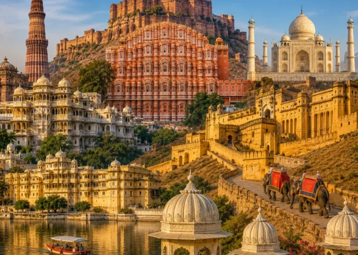 Rajasthan grand tour with Jaipur palaces, Jodhpur blue city, Jaisalmer desert, Udaipur lake and royal forts.