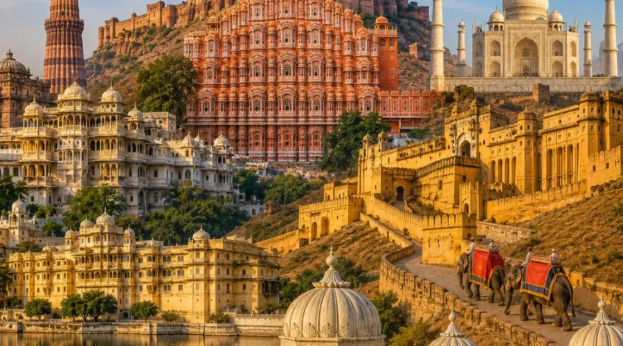 Rajasthan grand tour with Jaipur palaces, Jodhpur blue city, Jaisalmer desert, Udaipur lake and royal forts.