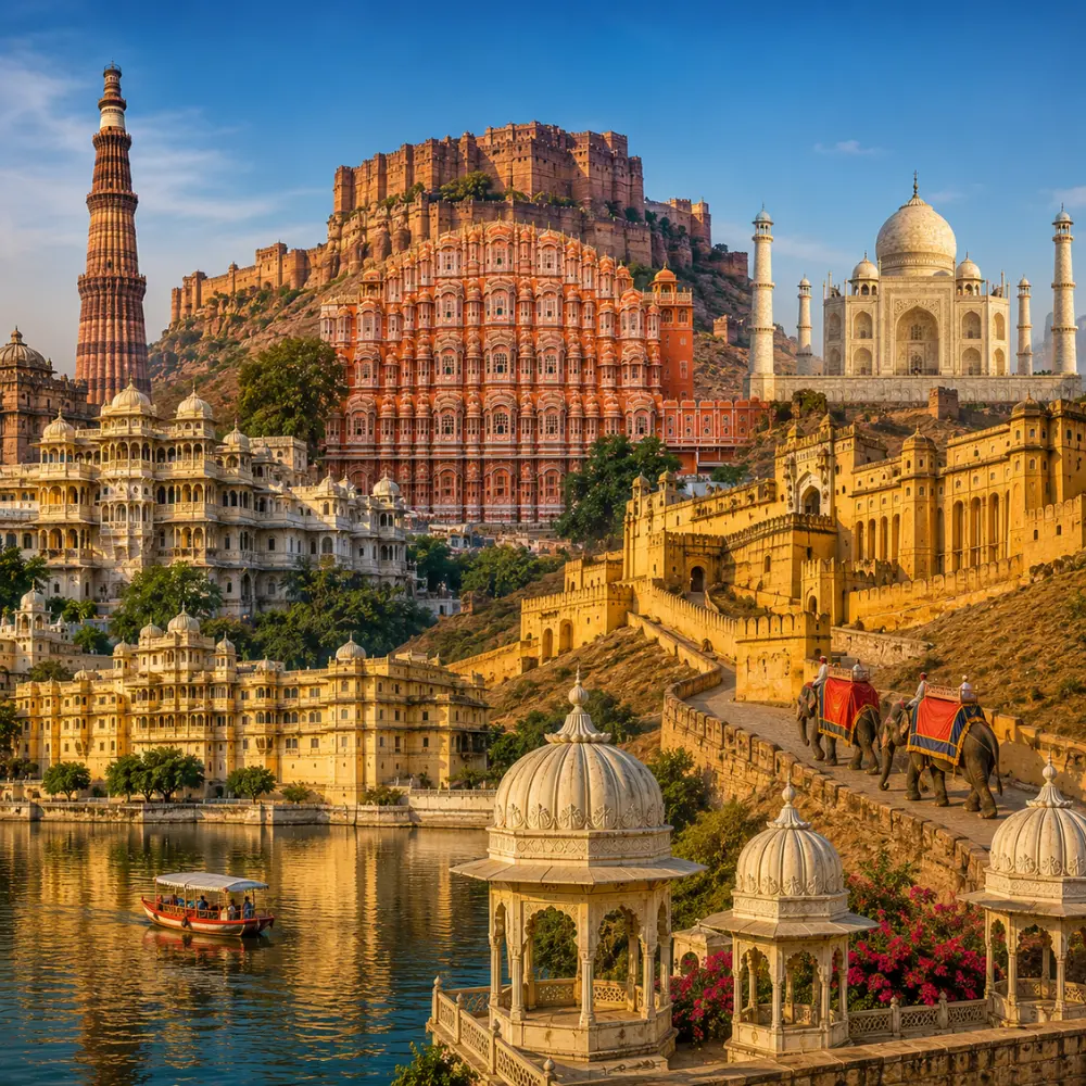Rajasthan grand tour with Jaipur palaces, Jodhpur blue city, Jaisalmer desert, Udaipur lake and royal forts.
