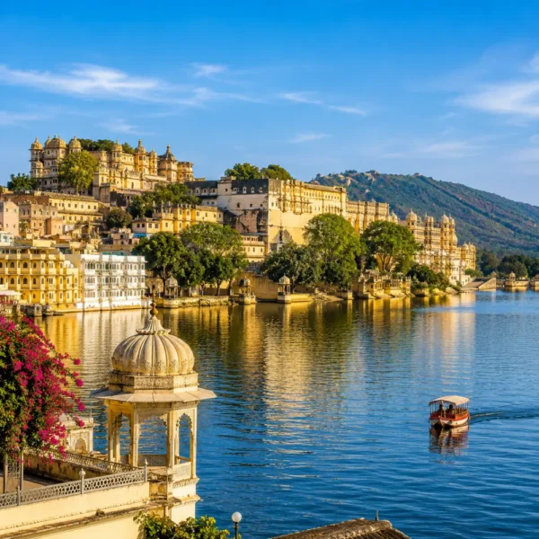 Udaipur city with Lake Pichola, City Palace, royal architecture and clear morning light in Rajasthan.