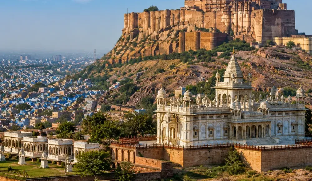 Jodhpur city with Mehrangarh Fort, blue houses, desert hills and clear morning daylight in Rajasthan.