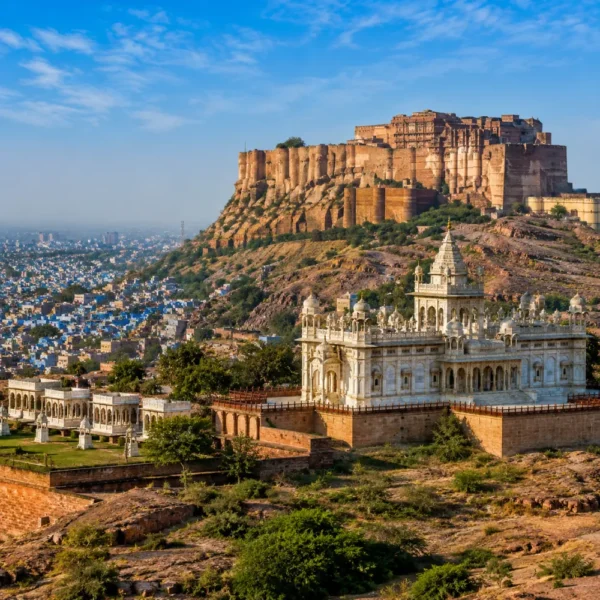 Jodhpur city with Mehrangarh Fort, blue houses, desert hills and clear morning daylight in Rajasthan.