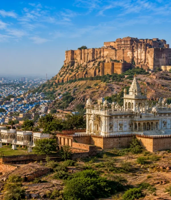 Jodhpur city with Mehrangarh Fort, blue houses, desert hills and clear morning daylight in Rajasthan.