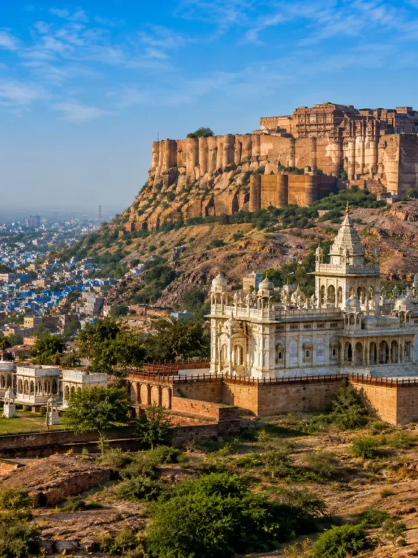 Jodhpur city with Mehrangarh Fort, blue houses, desert hills and clear morning daylight in Rajasthan.
