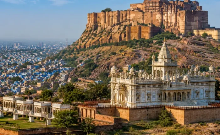 Jodhpur city with Mehrangarh Fort, blue houses, desert hills and clear morning daylight in Rajasthan.