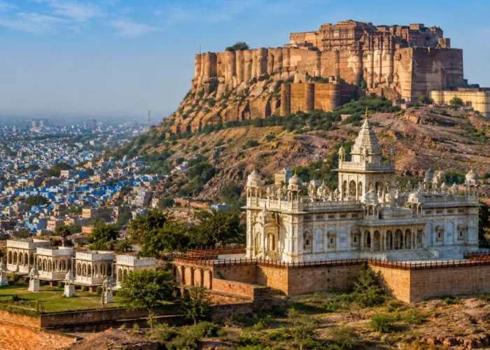 Jodhpur city with Mehrangarh Fort, blue houses, desert hills and clear morning daylight in Rajasthan.