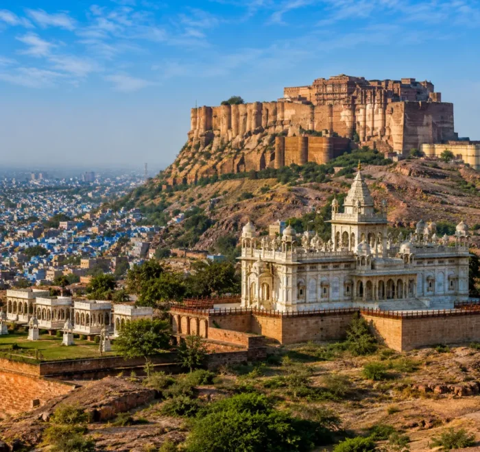 Jodhpur city with Mehrangarh Fort, blue houses, desert hills and clear morning daylight in Rajasthan.