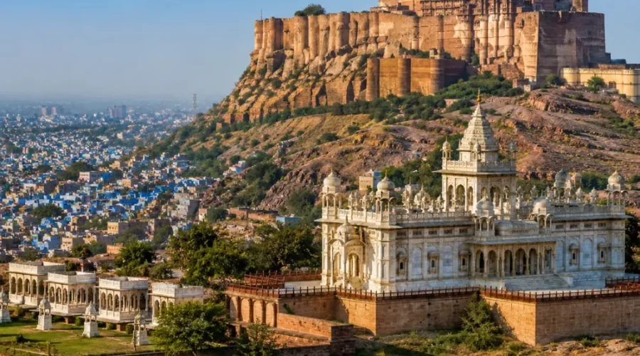 Jodhpur city with Mehrangarh Fort, blue houses, desert hills and clear morning daylight in Rajasthan.